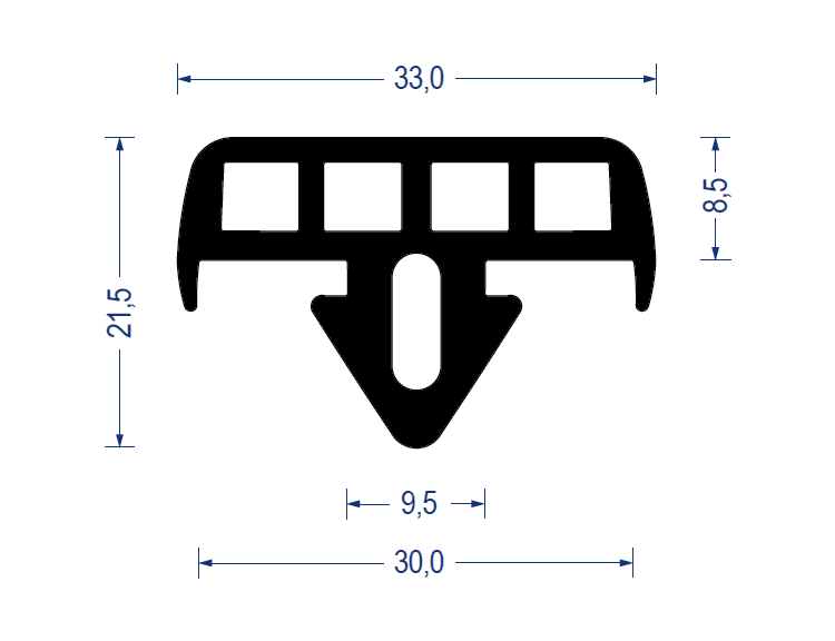 Polsterprofil Fassung 9,5mm Auflage 33mm EPDM 70° Sh.A schwarz