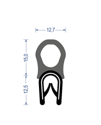 Weich-PVC Kantenschutzprofil mit EPDM-Moosgummi Dichtprofil oben, KB 1 - 4 mm, schwarz (27,5x12,7 mm) mit Metallklemmband