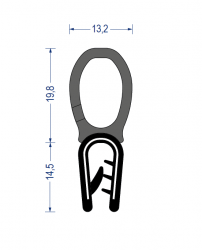 Weich-PVC Kantenschutz-Profil mit EPDM-Moosgummi Dichtprofil oben, KB 1 - 2,5 mm, schwarz (34,3x13,2 mm) mit Metallklemmband