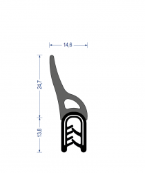 Weich-PVC Kantenschutzprofil mit EPDM-Moosgummi Dichtprofil oben, KB 1,5 - 3,5 mm, schwarz (38,5x14,6 mm) mit Metallklemmband