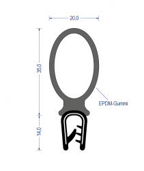 Weich-PVC Kantenschutz-Profil mit EPDM-Vollgummi-Dichtprofil oben, KB 2 - 4 mm, schwarz (49x20 mm) mit Metallklemmband