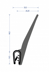 Weich-PVC Kantenschutzprofil mit EPDM-Moosgummi Dichtlippe seitlich/oben, KB 1 - 2 mm, schwarz (58,5x30,0 mm) mit Metallklemmband