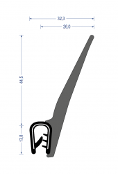 Weich-PVC Kantenschutzprofil mit EPDM-Moosgummi Dichtlippe seitlich/oben, KB 4 - 6 mm, schwarz (58,3x32,3 mm) mit Metallklemmband
