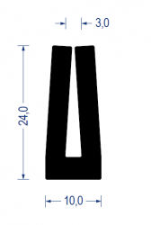 Gummi U-Profil, KB 3 mm, 10x24 mm, EPDM 65° Sh.A., schwarz, rundgeheitzt, talkumiert