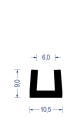 Gummi U-Profil, KB 6 mm, 10,5x9 mm, EPDM 65° Sh.A., schwarz