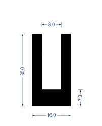 Gummi U-Profil, KB 8 mm, 16x30 mm, Rücken 7 mm, EPDM 65° Sh.A., schwarz