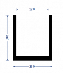 Gummi U-Profil, KB 22 mm, 26x30 mm, EPDM 65° Sh.A., schwarz