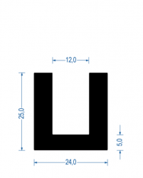 Gummi U-Profil, KB 12 mm, 24x25 mm, EPDM 70° Sh.A., schwarz