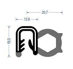 EPDM Kantenschutz-Profil mit EPDM-Moosgummi Dichtprofil seitlich, KB 3 - 5 mm, schwarz (18x20,7 mm) mit Metallklemmband