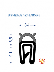 EPDM Kantenschutzprofil mit EPDM-Moosgummi Dichtprofil oben, KB 1 - 2 mm, schwarz (15,6x8,4 mm) mit Metallklemmband, Brandschutz