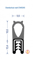 EPDM Kantenschutzprofil mit EPDM-Moosgummi Dichtprofil oben, KB 1 - 3 mm, schwarz (27x9,8 mm) mit Metallklemmband, Brandschutz