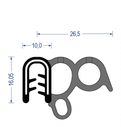 EPDM Kantenschutzprofil mit EPDM-Moosgummi Dichtprofil seitlich, KB 1,5 - 3,5 mm, schwarz (16x26,5 mm) mit Metallklemmband