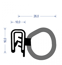 EPDM Kantenschutz-Profil mit EPDM-Moosgummi Dichtprofil seitlich, KB 1 - 3,5 mm, schwarz (16x26 mm) mit Metallklemmband
