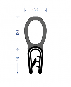 Weich-PVC Kantenschutz-Profil mit EPDM-Moosgummi Dichtprofil oben, KB 1 - 2,5 mm, schwarz (34,3x13,2 mm) mit Metallklemmband