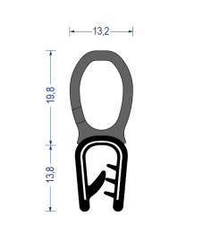 Weich-PVC Kantenschutz-Profil mit EPDM-Moosgummi Dichtprofil oben, KB 4 - 6 mm, schwarz (33,6x13,2 mm) mit Metallklemmband