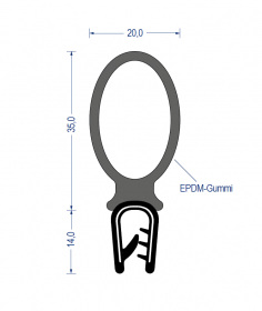 Weich-PVC Kantenschutz-Profil mit EPDM-Vollgummi-Dichtprofil oben, KB 2 - 4 mm, schwarz (49x20 mm) mit Metallklemmband